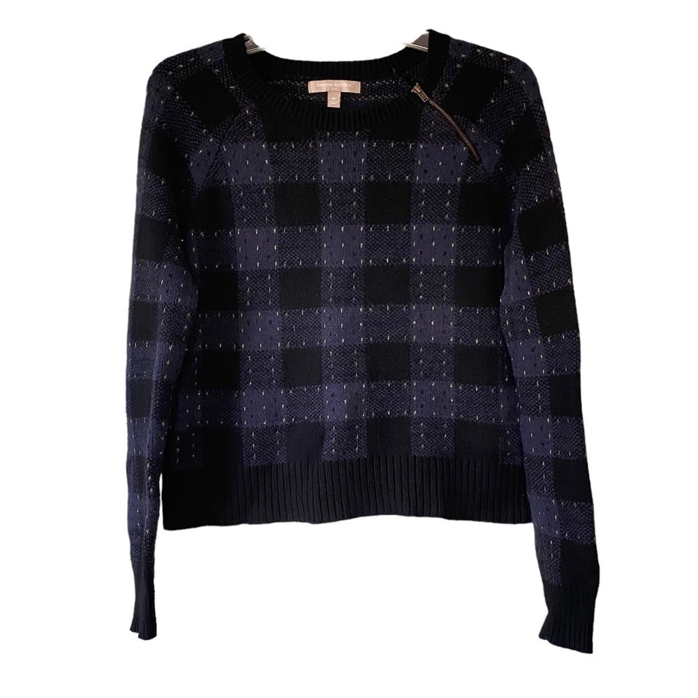 Banana Republic Cotton Knit Plaid Sweater Blue & Black Sz Medium